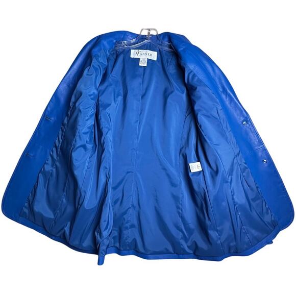 Vtg Y2K Bright Blue Genuine Leather Blazer Jacket Women's Sz 10 2 Button Peplum - Picture 5 of 16